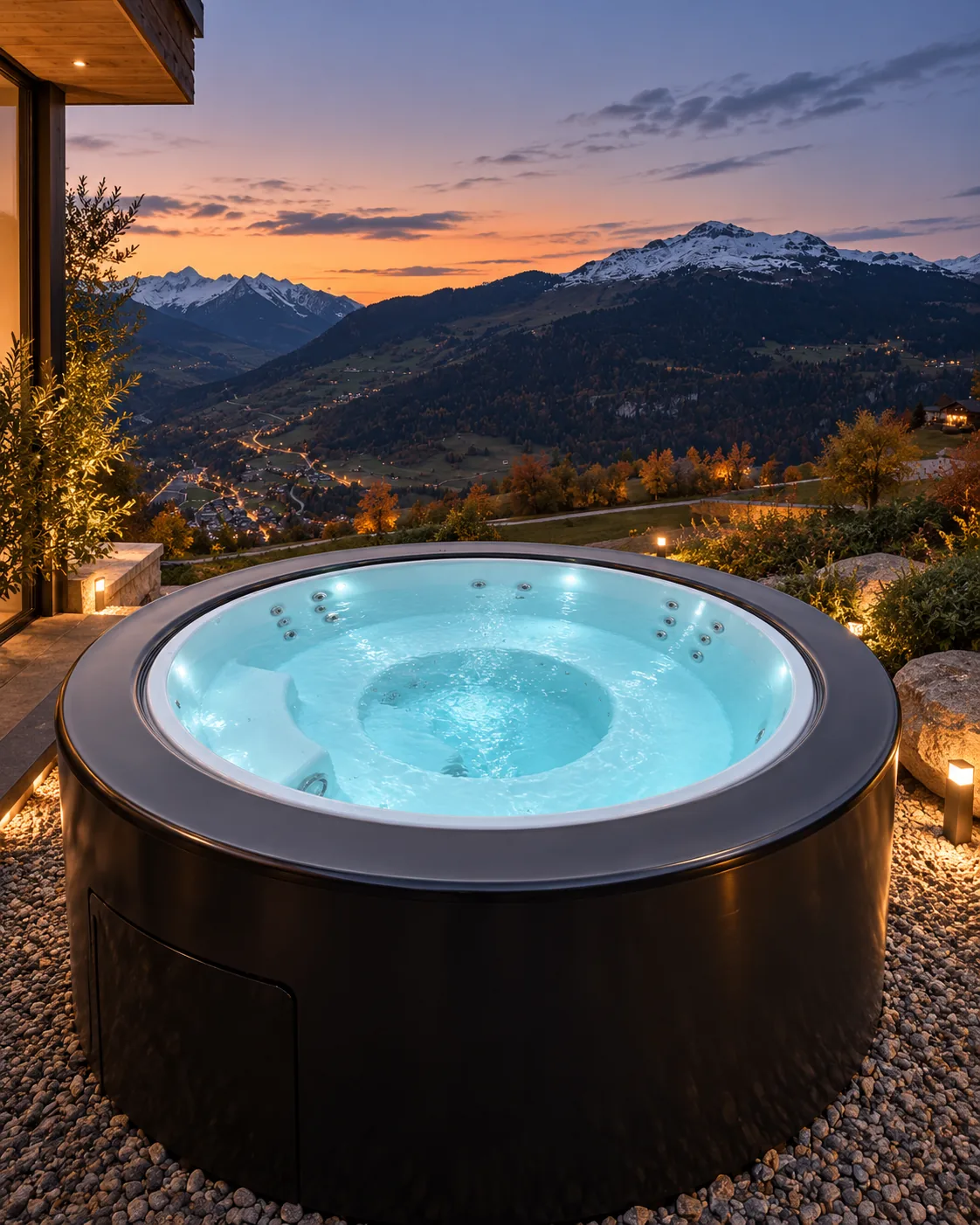INFINITAS The Circle spa redondo al atardecer con vistas a la montaña
