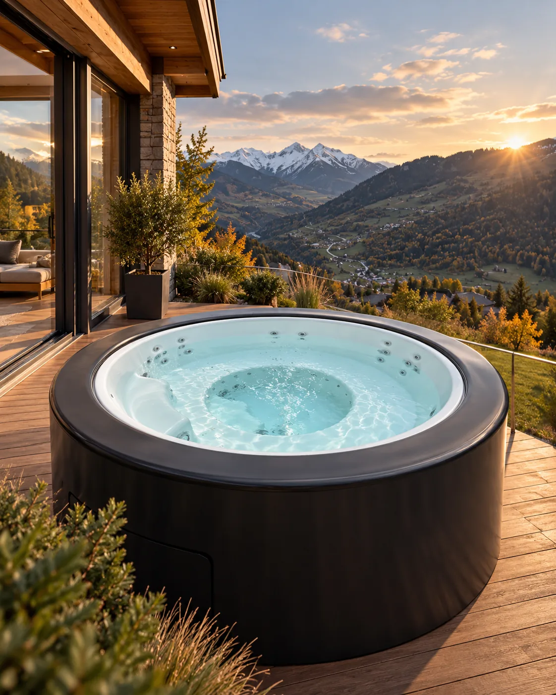 INFINITAS The Circle spa exterior redondo al atardecer en terraza de madera