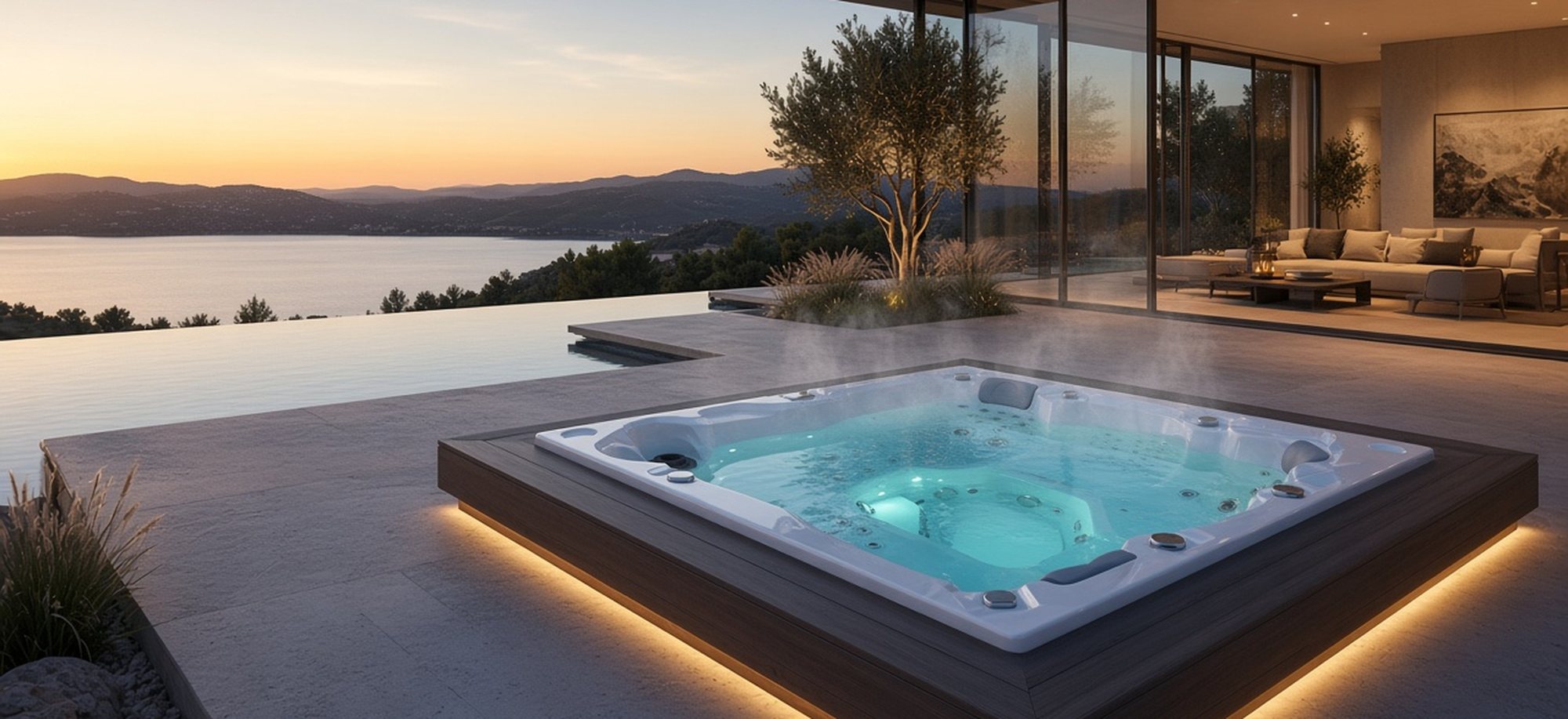 INFINITAS Whirlpool im Garten bei Abendstimmung