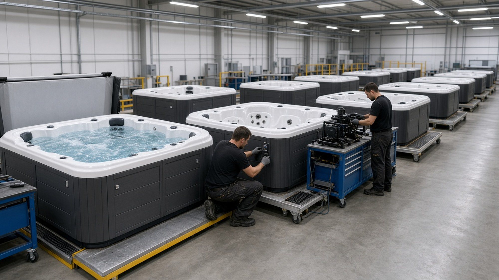 Endmontage und Probefüllung von Whirlpools in der Fertigung